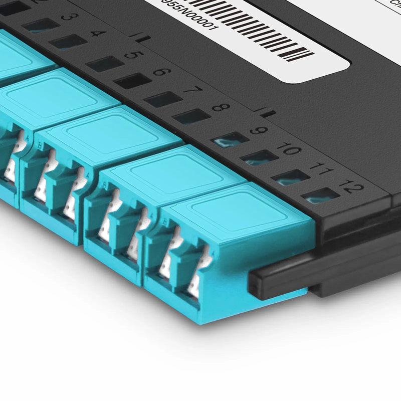 FyberOptix FHXA MTP®-LC Cassette, OM4 Multimode, Universal, 12 Fibers, MTP®-12 (Male) to 6 x Shuttered LC Duplex (Aqua), 0.35dB Max.