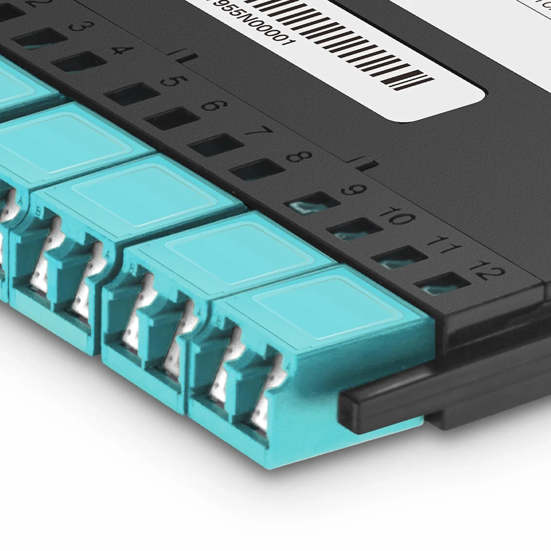 FyberOptix FHXA MTP®-LC Cassette, OM4 Multimode, Type A, 12 Fibers, MTP®-12 (Male) to 6 x Shuttered LC Duplex (Aqua), 0.35dB Max.