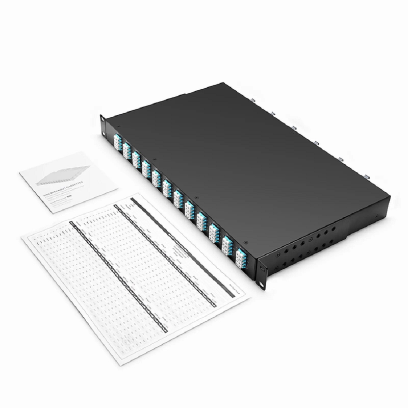 FyberOptix FHUA 1U MTP®-LC Cassette, OS2 Single Mode, Universal, 96 Fibers, 12 x MTP®-8 (Male) to 24 x LC Quad (Blue), 0.35dB Max.