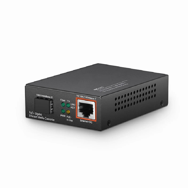 FyberOptix Unmanaged 1x 10/100/1000Base-T RJ45 to 1x 100/1000Base-X SFP Gigabit Ethernet PoE+ Media Converter, American Plug Standard
