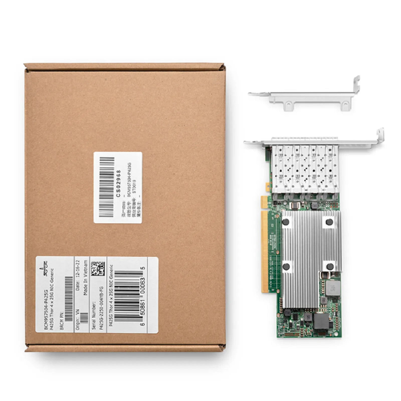 FyberOptix Broadcom® BCM957504-P425G Ethernet Network Interface Card, P425G 25GbE Quad-port SFP28, PCIe 4.0 x16, Standard & Low Profile