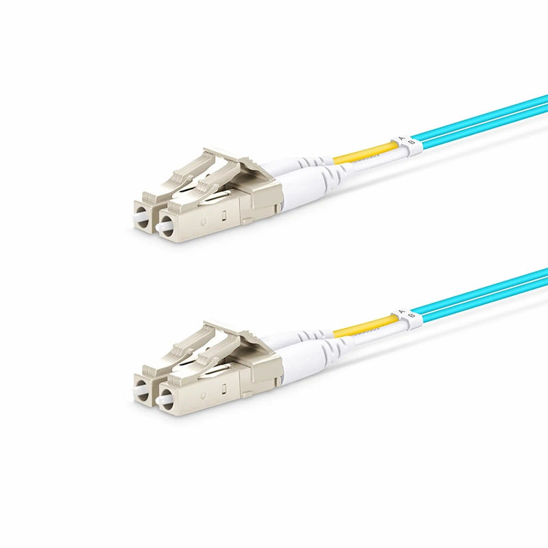 FyberOptix 2m (7ft) Fiber Patch Cable, 2 Fibers, LC UPC Duplex to LC UPC Duplex, Multimode (OM4), Riser (OFNR), 1.2mm, Tight-Buffered, Aqua