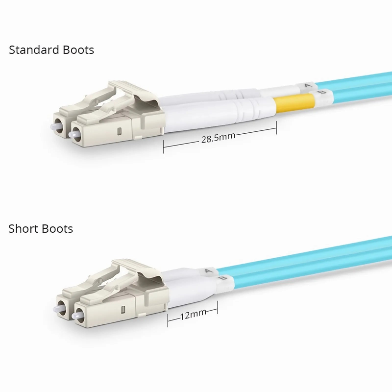 FyberOptix 2m (7ft) Fiber Patch Cable, 2 Fibers, Short Boot, LC UPC Duplex to LC UPC Duplex, Multimode (OM3), Riser (OFNR), 2.0mm, Tight-Buffered, Aqua