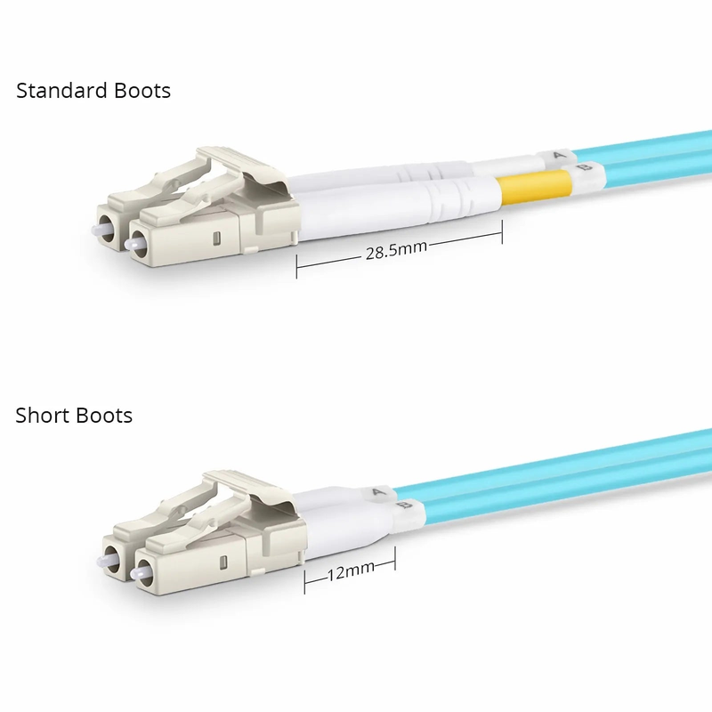 FyberOptix 0.5m (1.6ft) Fiber Patch Cable, 2 Fibers, Short Boot, LC UPC Duplex to LC UPC Duplex, Multimode (OM4), Riser (OFNR), 2.0mm, Tight-Buffered, Aqua