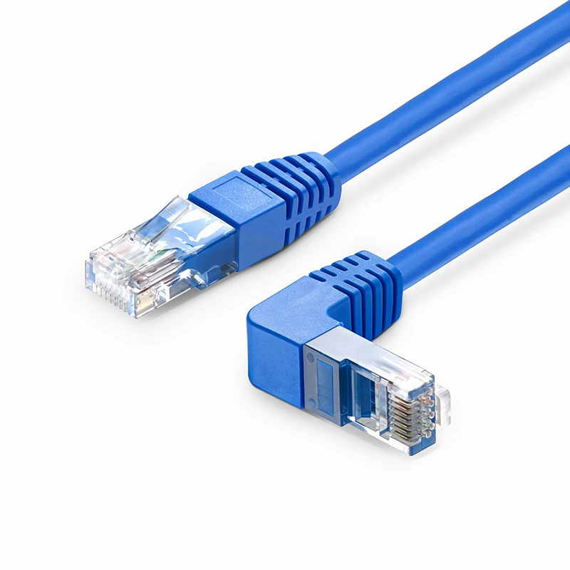 FyberOptix 10ft (3m) 90 Degree Cat6 26AWG Snagless Unshielded (U/UTP) PVC CM Ethernet Network Patch Cable, RJ45 Right Angle Down Male to RJ45 Male, Blue