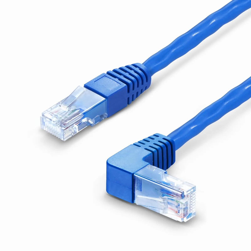 FyberOptix 1ft (0.3m) 90 Degree Cat6 26AWG Snagless Unshielded (U/UTP) PVC CM Ethernet Network Patch Cable, RJ45 Right Angle UP Male to RJ45 Male, Blue