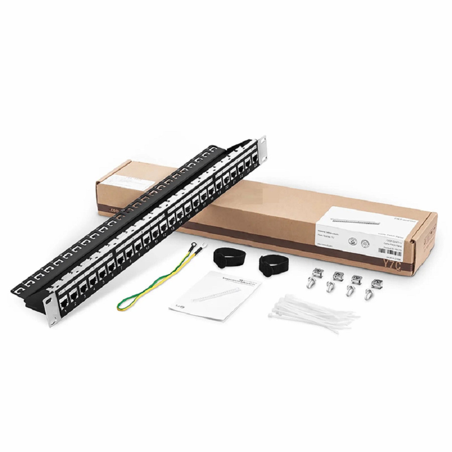 FyberOptix Cat5e Coupler Patch Panel, 24-Port, 1RU, Cable Management Bar Included