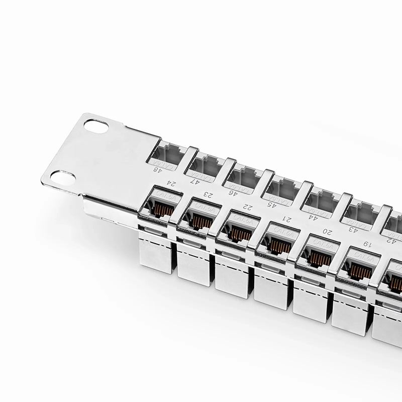 FyberOptix FDMP Cat6a Shielded Coupler Flat Patch Panel, 48-Port, 1RU, Cable Management Bar Included
