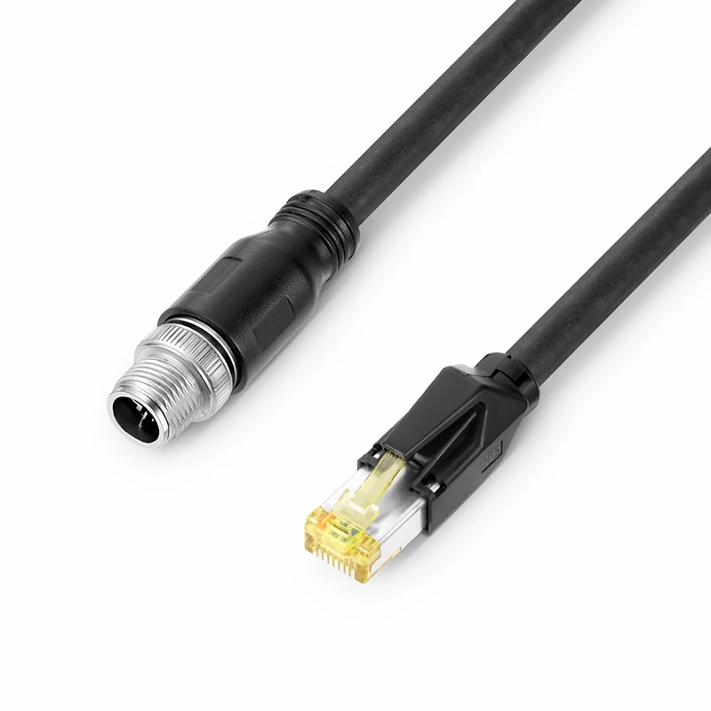 FyberOptix 16ft (5m) Industrial M12X/8M to RJ45 Cordsets CAT6A SF/UTP PUR Ethernet Network Patch Cable, Black
