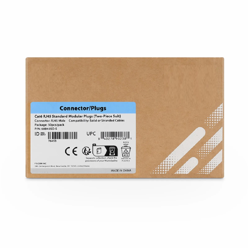 FyberOptix Cat6 RJ45 Standard Modular Plugs (Two-Piece Suit), Shielded Network Connectors for 23AWG Twisted Pair Solid or Stranded Cable (50/Pack)