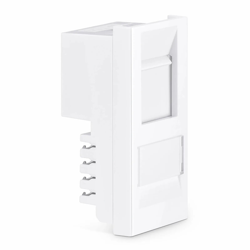 FyberOptix British-Style Cat6 Shuttered Faceplate Frame Insert, Label Pockets, Flat, 1 Port, White, 1.97'' x 0.98''