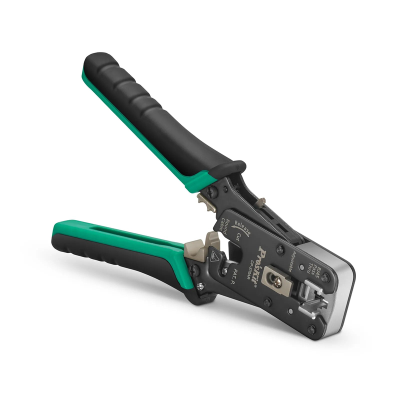 FyberOptix Cat5/6/7 RJ45 Pass-Through Professional Modular Crimper with Built-in Wire Cutter and Stripper
