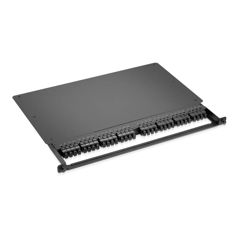0.5U Rack Mount Enclosure Loaded with 32x8F MPO Adapter, Male to Male, 128 Fibers, OM4 Multimode, Type 4, 0.35dB Max. SFPS