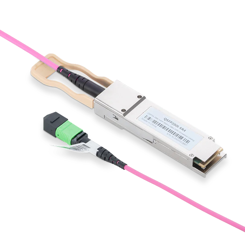 NVIDIA/Mellanox Compatible 200GBASE-SR4 QSFP56 PAM4 850nm 100m DOM IB and Ethernet Liquid/Immersion Cooling Transceiver for MMF with 7m MPO-12/APC OM4 Erika Violet/Magenta Female Type A Pigtail SFPS