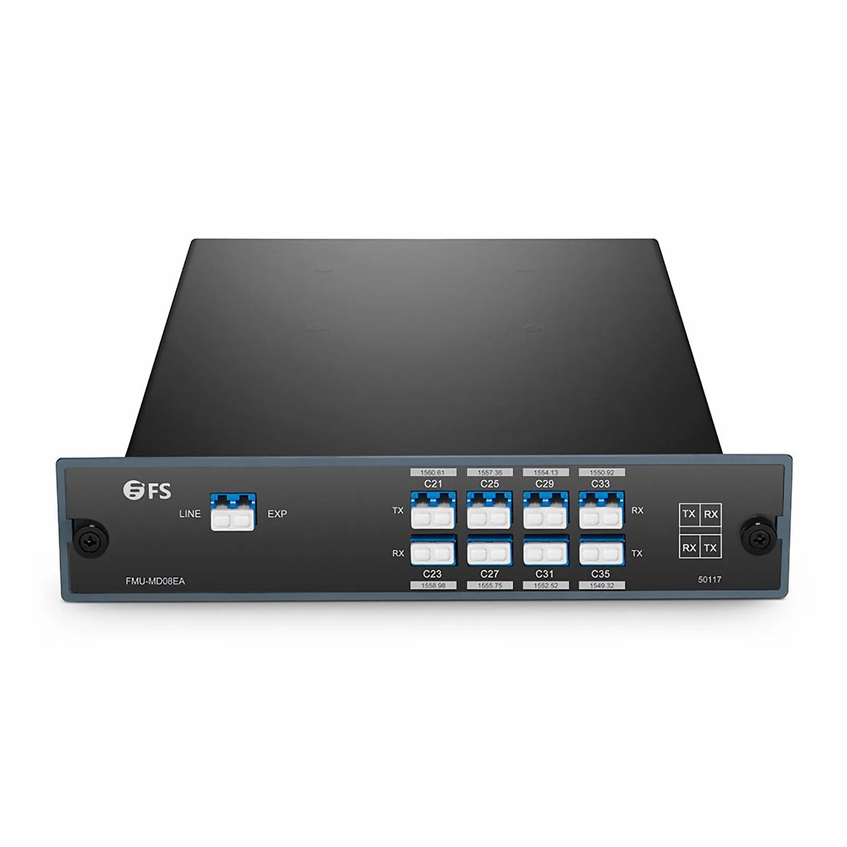 FyberOptix 8 Channels DWDM Mux Demux, 100GHz C21-C35, with Expansion Port, 4.2dB Typical IL, LC/UPC, Single Fiber, Side-A, FMU Plug-in Module