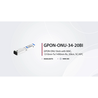 FyberOptix GPON ONU Stick with MAC SFP 1310nm-TX/1490nm-RX 1.244G-TX/2.488G-RX Class B+ 20km DOM Simplex SC/APC SMF Optical Transceiver Module (Industrial)