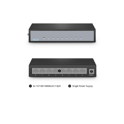 FyberOptix S1900-8T, 8-Port Gigabit Ethernet L2 Unmanaged Switch, 8x 10/100/1000BASE-T RJ45, Metal, Fanless, Desktop/Wall-Mount