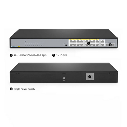 FyberOptix S2500L-18T2F-P, 18-Port Gigabit Ethernet L2 Unmanaged PoE+ Switch, 16 x PoE+ Ports@240W, 2 x 1Gb RJ45, with 2 x 1Gb SFP Uplinks, Desktop/Rackmount