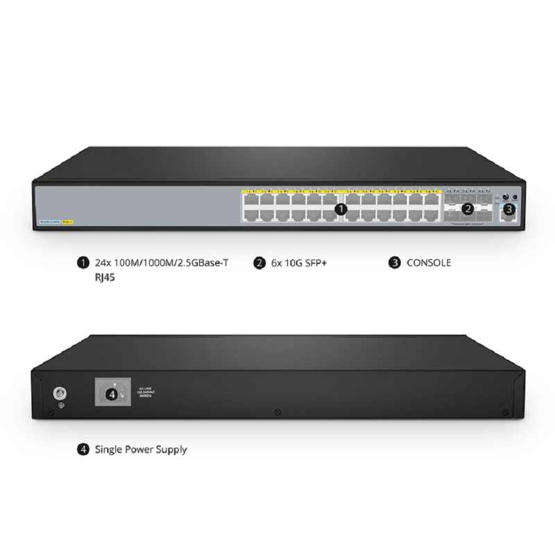 FyberOptix S3260-24MU, 24-Port Ethernet L2+ PoE++ Switch, 24 x 2.5GBASE-T/Multi-Gigabit, with 6 x 10Gb SFP+ Uplinks