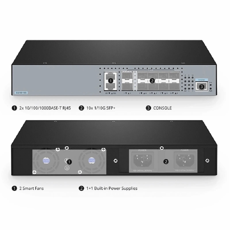 FyberOptix S3260-10S, 10-Port Ethernet L3 Managed Switch, 10 x 10Gb SFP+, with 2 x Gigabit RJ45, Support Stacking