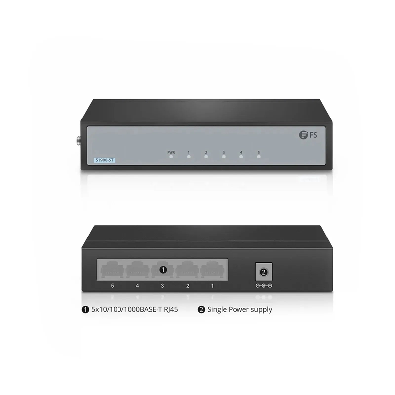 FyberOptix S1900-5T, 5-Port Gigabit Ethernet L2 Unmanaged Switch, 5x 10/100/1000BASE-T RJ45, Metal, Fanless, Desktop/Wall-Mount