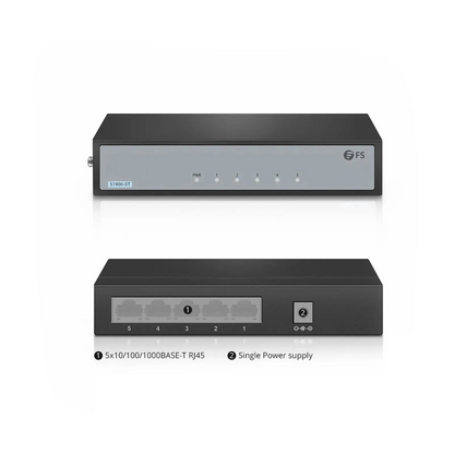 FyberOptix S1900-5T, 5-Port Gigabit Ethernet L2 Unmanaged Switch, 5x 10/100/1000BASE-T RJ45, Metal, Fanless, Desktop/Wall-Mount