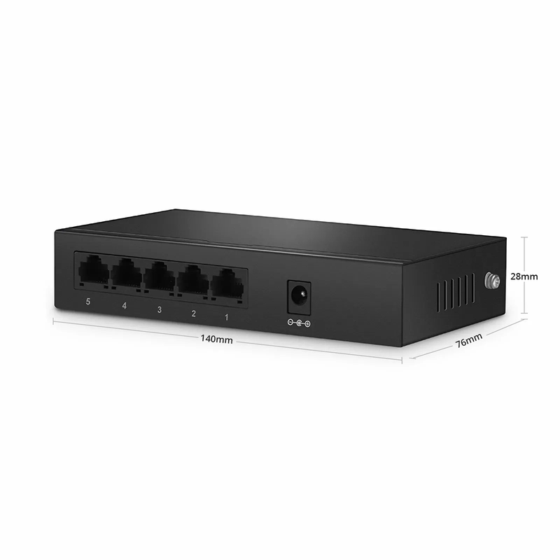 FyberOptix S1900-5T, 5-Port Gigabit Ethernet L2 Unmanaged Switch, 5x 10/100/1000BASE-T RJ45, Metal, Fanless, Desktop/Wall-Mount