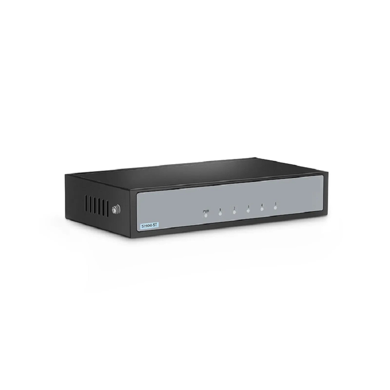 FyberOptix S1900-5T, 5-Port Gigabit Ethernet L2 Unmanaged Switch, 5x 10/100/1000BASE-T RJ45, Metal, Fanless, Desktop/Wall-Mount