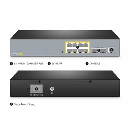 FyberOptix S3260-8T2FP, 8-Port Gigabit Ethernet L2+ PoE+ Switch, 8 x PoE+ Ports @240W, with 2 x 1Gb SFP Uplinks, Support IEEE 802.3af/at