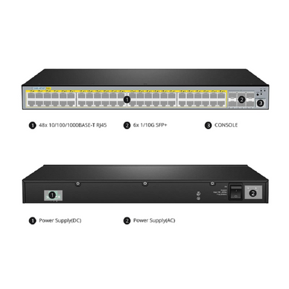 FyberOptix S3400-48T6SP, 48-Port Gigabit Ethernet L2+ PoE+ Switch, 48 x PoE+ Ports @370W, with 6 x 10Gb SFP+ Uplinks, AC+DC Power Supplies, Support Stacking
