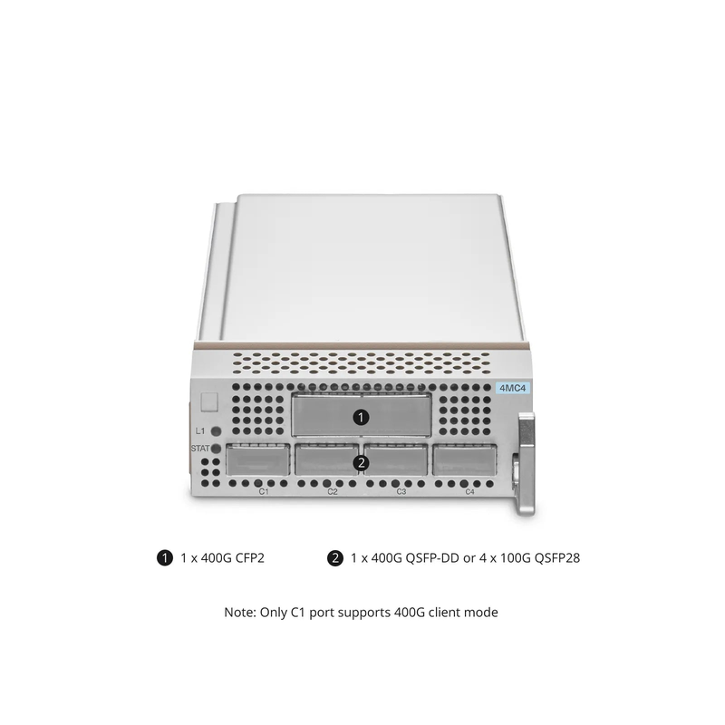 FyberOptix D7000 4MC4, 1 x 400G QSFP-DD or 4 x 100G QSFP28 to 1 x 400G CFP2 OTN Muxponder for D7000 Managed Chassis