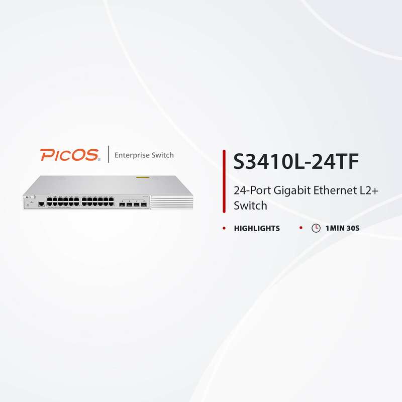 FyberOptix S3410L-24TF, 24-Port Gigabit Ethernet L2+ Switch, 24 x Gigabit RJ45, with 4 x 1Gb SFP Uplinks, PicOSA®, Support MLAG, Broadcom Chip, Fanless