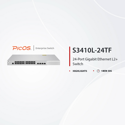 FyberOptix S3410L-24TF, 24-Port Gigabit Ethernet L2+ Switch, 24 x Gigabit RJ45, with 4 x 1Gb SFP Uplinks, PicOSA®, Support MLAG, Broadcom Chip, Fanless