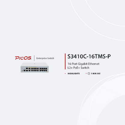 FyberOptix S3410C-16TMS-P, 16-Port Gigabit Ethernet L2+ PoE+ Switch, 6 x PoE+ Ports, 2 x 5Gb PoE+ Ports@125W, 10 x 1Gb RJ45, with 2 x 10Gb SFP+ Uplinks, PicOSA®, Support MLAG, Broadcom Chip, Fanless