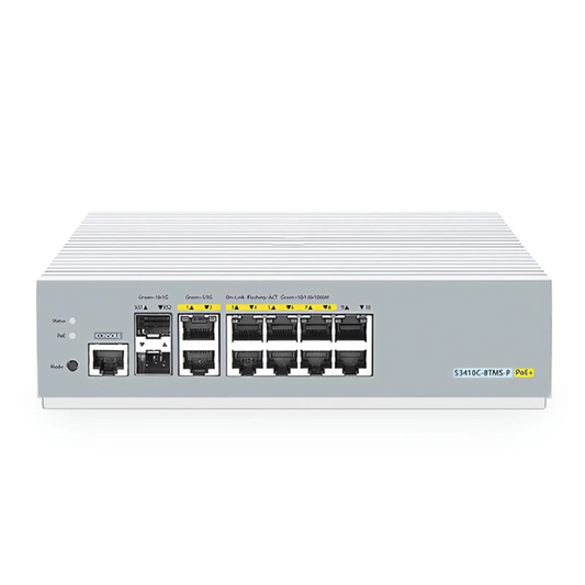 FyberOptix S3410C-8TMS-P, 8-Port Gigabit Ethernet L2+ PoE+ Switch, 8 x PoE+ Ports@125W, 2 x 5Gb RJ45, with 2 x 10Gb SFP+ Uplinks, PicOSA®, Support MLAG, Broadcom Chip, Fanless