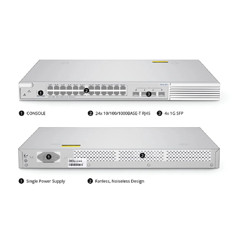 FyberOptix S3410L-24TF, 24-Port Gigabit Ethernet L2+ Switch, 24 x Gigabit RJ45, with 4 x 1Gb SFP Uplinks, PicOSA®, Support MLAG, Broadcom Chip, Fanless