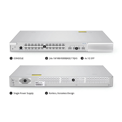 FyberOptix S3410L-24TF, 24-Port Gigabit Ethernet L2+ Switch, 24 x Gigabit RJ45, with 4 x 1Gb SFP Uplinks, PicOSA®, Support MLAG, Broadcom Chip, Fanless