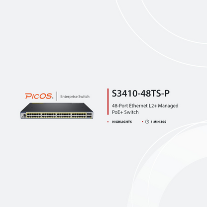 FyberOptix S3410-48TS-P, 48-Port Gigabit Ethernet L2+ PoE+ Switch, 48 x PoE+ Ports @740W, with 2 x 10Gb SFP+ Uplinks and 2 x Combo SFP Ports, PicOSA®, Support MLAG, Broadcom Chip