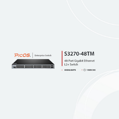 FyberOptix S3270-48TM, 48-Port Gigabit Ethernet L2+ Switch, 48 x Gigabit RJ45, with 4 x 1/2.5Gb SFP Uplinks, PicOSA®, Broadcom Chip