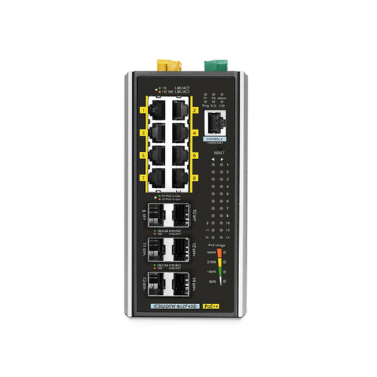 FyberOptix IES5200W-8U2F4SD, 8-Port Gigabit Ethernet L3 Managed Industrial PoE++ Switch, 8 x PoE++ Ports@360W, with 2 x 1/2.5Gb SFP, 4 x 10Gb SFP+, -40 to 75Ã‚Â°C Operating Temperature