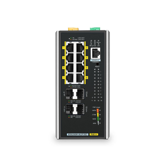 FyberOptix IES5200W-8U2F2SD, 8-Port Gigabit Ethernet L3 Managed Industrial PoE++ Switch, 8 x PoE++ Ports@360W, with 2 x 1/2.5Gb SFP, 2 x 10Gb SFP+, -40 to 75Ã‚Â°C Operating Temperature