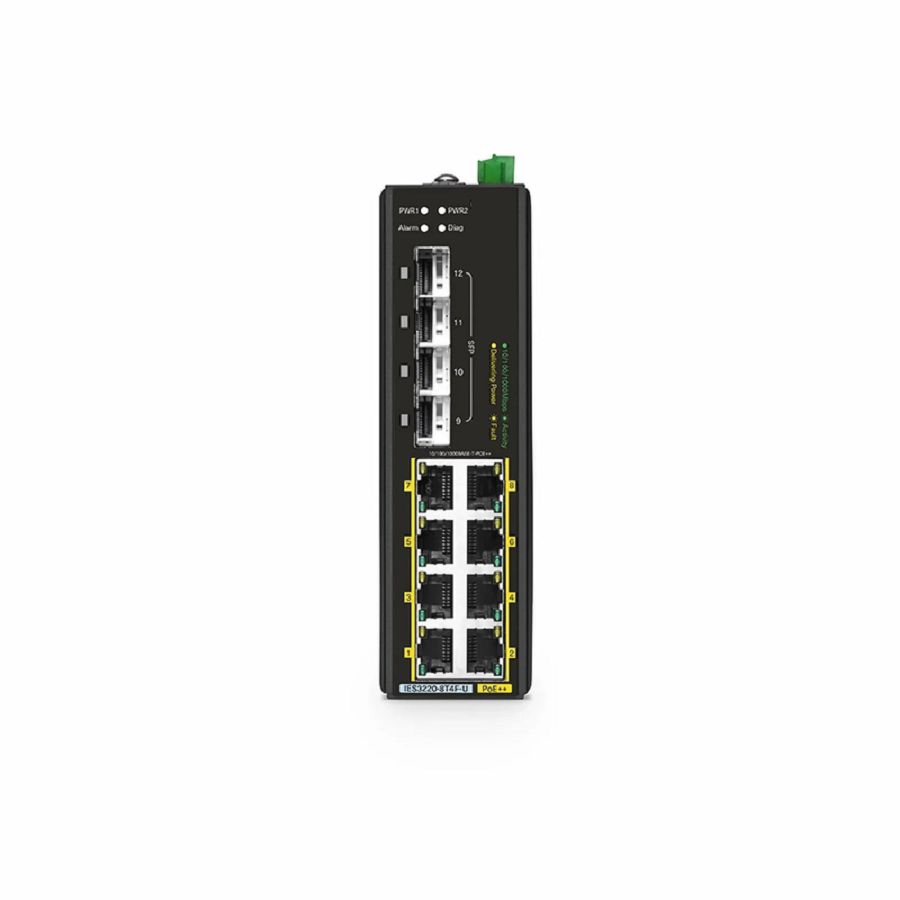 FyberOptix IES3220-8T4F-U, 8-Port Gigabit Ethernet L2+ Managed Industrial PoE++ Switch, 8 x PoE++ Ports@360W, with 4 x 1Gb SFP, -40 to 75Ã‚Â°C Operating Temperature