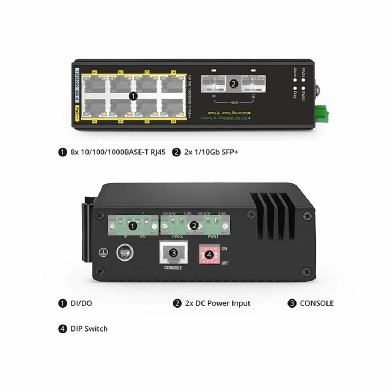 FyberOptix IES3220-8T4F-U, 8-Port Gigabit Ethernet L2+ Managed Industrial PoE++ Switch, 8 x PoE++ Ports@360W, with 4 x 1Gb SFP, -40 to 75Ã‚Â°C Operating Temperature