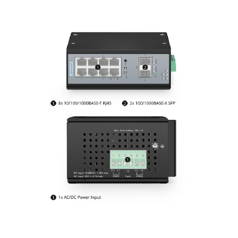 FyberOptix IES3110-8TF, 8-Port Gigabit Ethernet L2+ Managed Industrial Switch, 8 x 10/100/1000BASE-T, with 2 x 1Gb SFP, -40 to 75Ã‚Â°C Operating Temperature