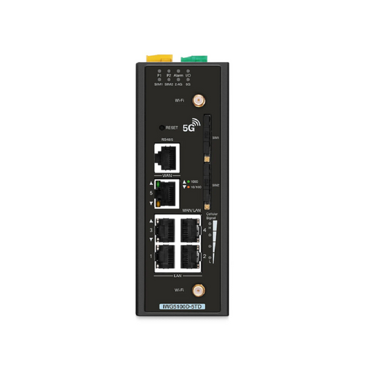 FyberOptix IWG5100D-5TD, 5-Port Gigabit Ethernet Industrial 5G NR Cellular Wireless Gateway, with 5 x 10/100/1000BASE-T RJ45, 3 LAN Ports, 1 LAN/WAN Port, 1 WAN Port, Support Dual-SIM and IPSec VPN