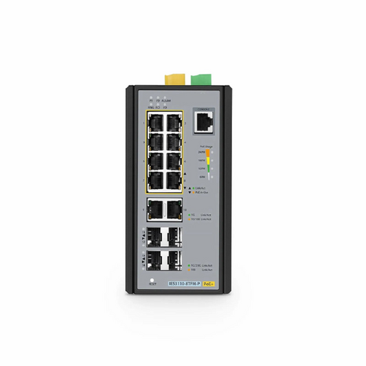 FyberOptix IES3110-8TFM-P, 8-Port Gigabit Ethernet L2+ Managed Industrial PoE+ Switch, 8 x PoE+ Ports @240W, and 2 x 10/100/1000BASE-T, with 2 x 1Gb SFP, 2 x 1/2.5Gb SFP, -40 to 75Ã‚Â°C Operating Temperature