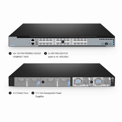 FyberOptix S5850-24XMG, 24-Port Ethernet L3 Switch, 24 x 10GBASE-T/Multi-Gigabit, with 2 x 100Gb QSFP28, Support MPLS&MLAG