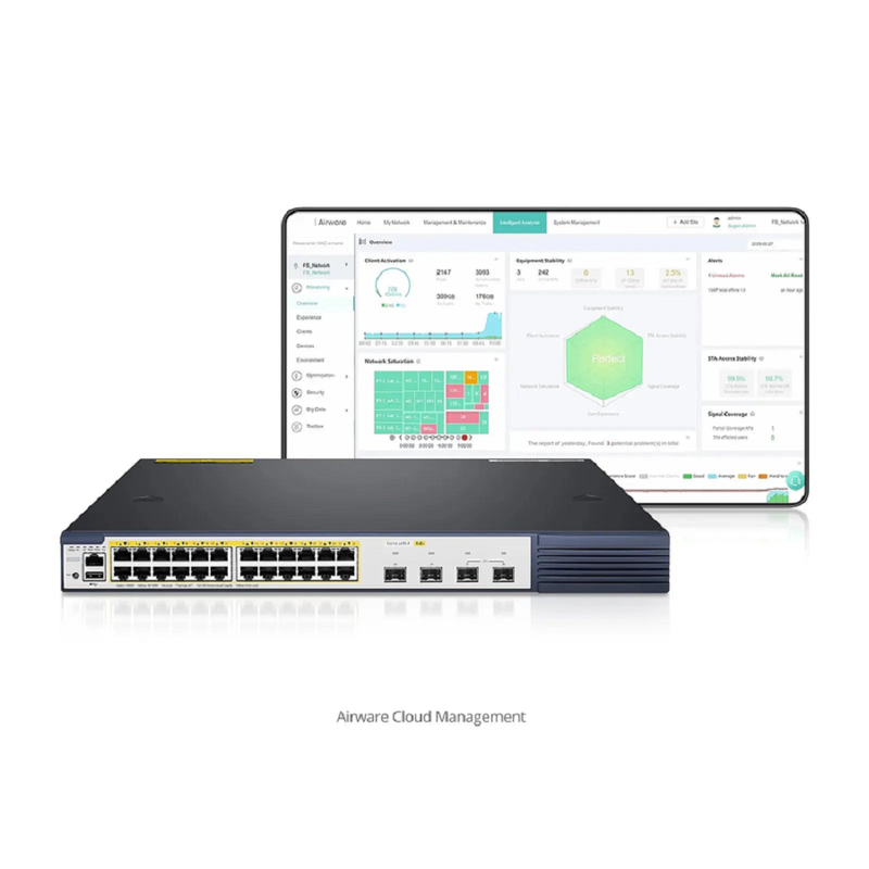 FyberOptix S3410-24TS-P, 24-Port Gigabit Ethernet L2+ PoE+ Switch, 24 x PoE+ Ports @740W, with 2 x 10Gb SFP+ Uplinks and 2 x Combo SFP Ports, Stackable Switch, Broadcom Chip