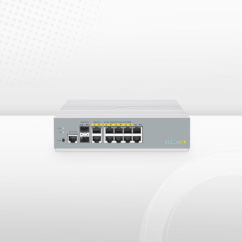 FyberOptix S3100-8TMS-P, 8-Port Gigabit Ethernet L2+ PoE+ Switch, 6 x PoE+ Ports, 2 x 5Gb PoE+ Ports@125W, 2 x 1Gb RJ45, with 2 x 10Gb SFP+ Uplinks, Broadcom Chip, Fanless
