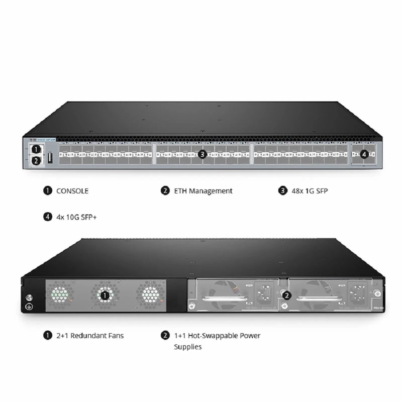FyberOptix S5800-48F4SR, 48-Port Gigabit Ethernet L3 Switch, 48 x 1Gb SFP, with 4 x 10Gb SFP+, Support MPLS&MLAG